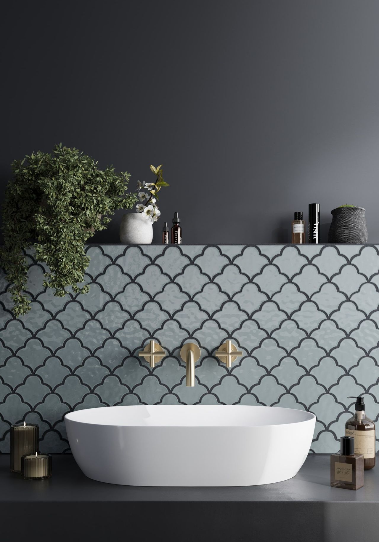 Rendering of blue-toned mosaic tile in a bathroom with a dark wall and modern white basin