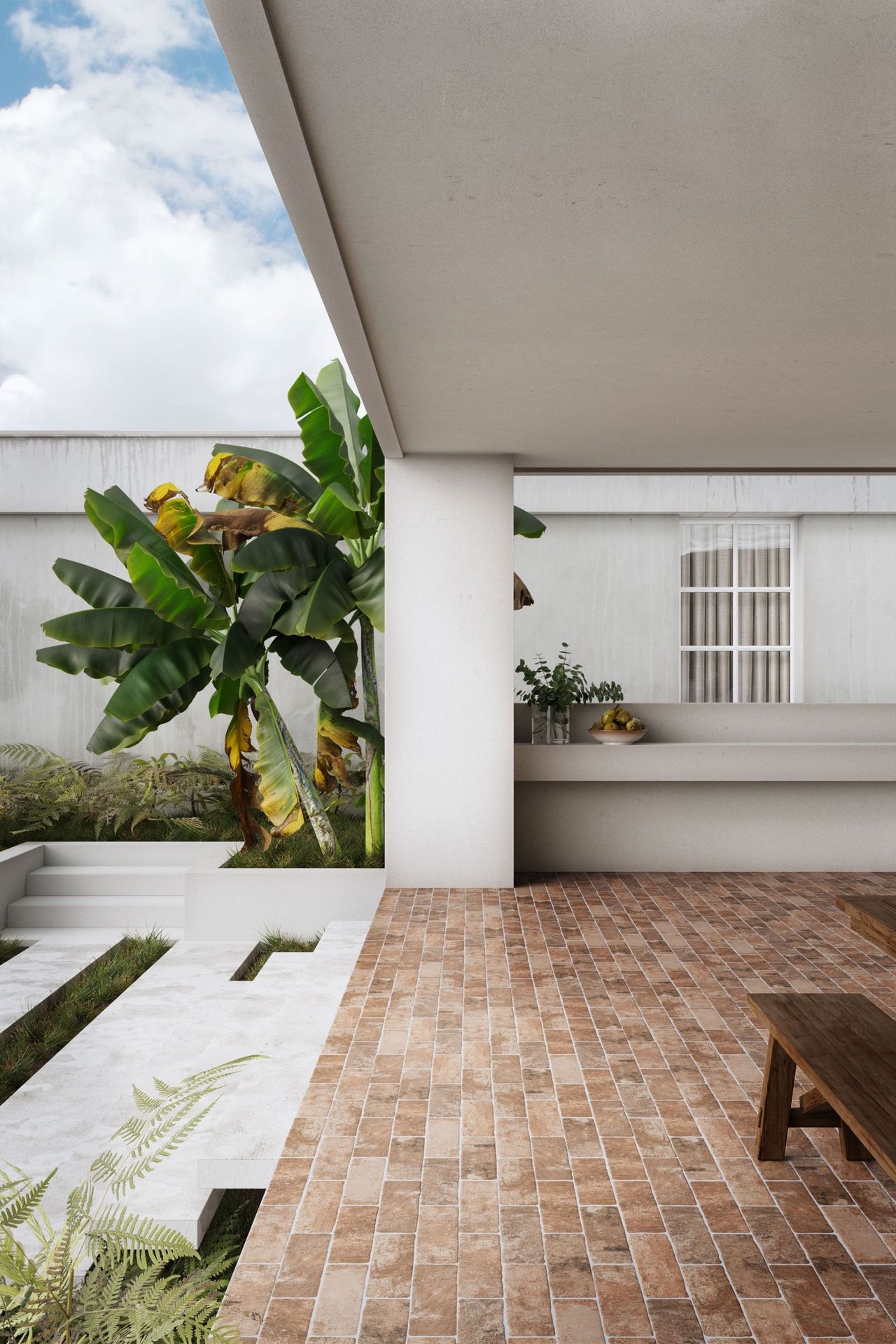 3D rendering of a sunny terrace with earthy-toned floor tiles and tropical plants
