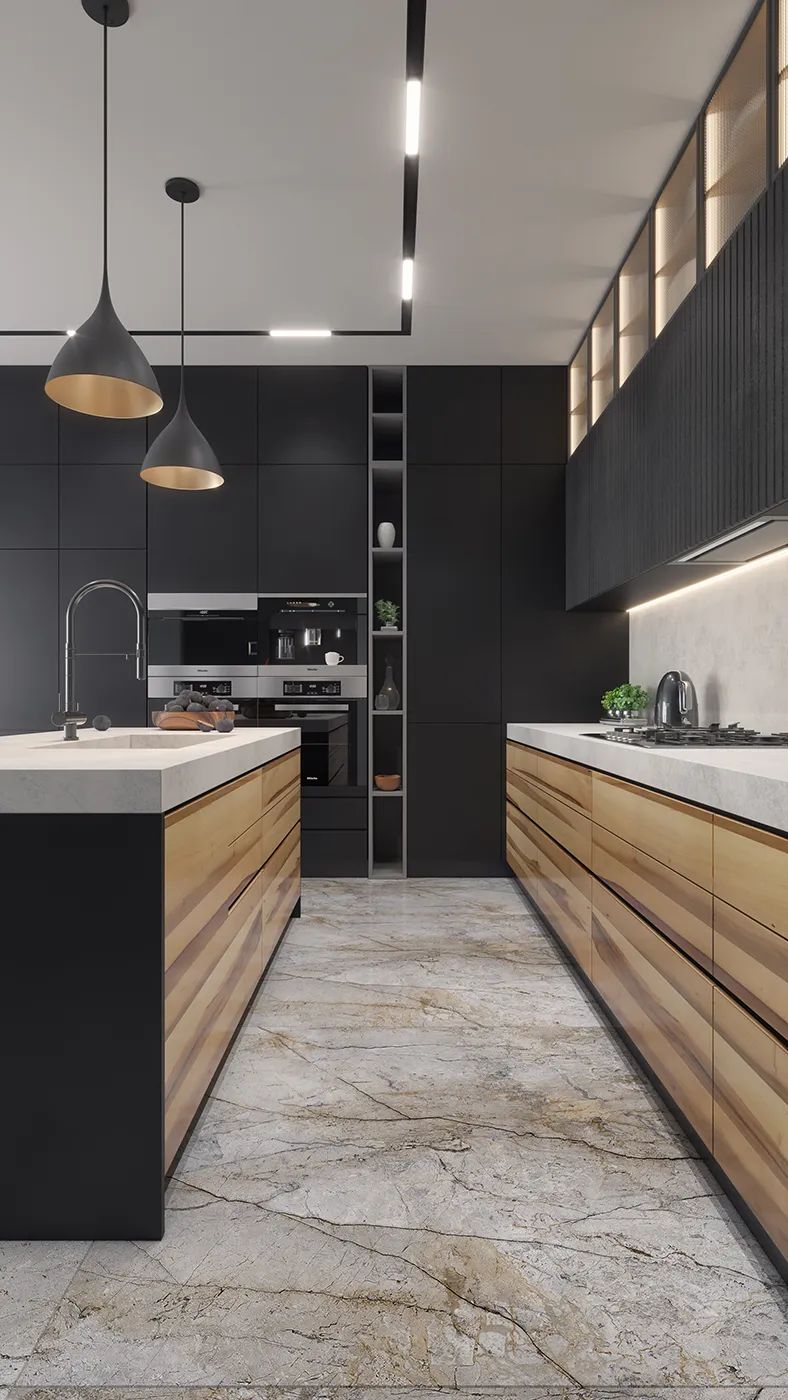 Lifestyle Rendering of a Gray and Wood Kitchen