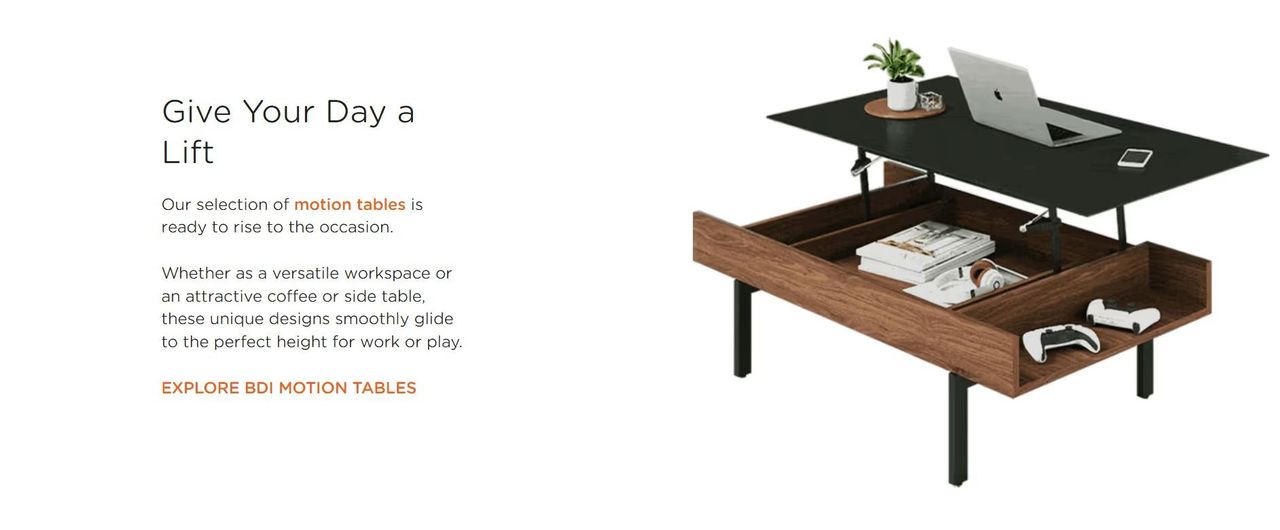 Silo product image showing a motion table in a lifestyle marketing scene for brand promotion