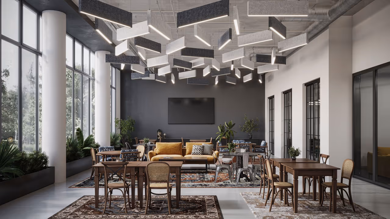 A café lounge with suspended acoustic fixtures shown in an architectural lighting render
