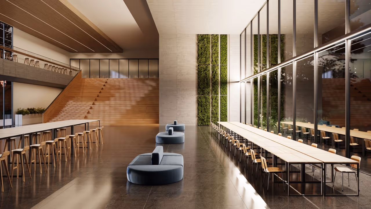 A large hall with ceiling strips and a tall green wall shown in a lifestyle product rendering