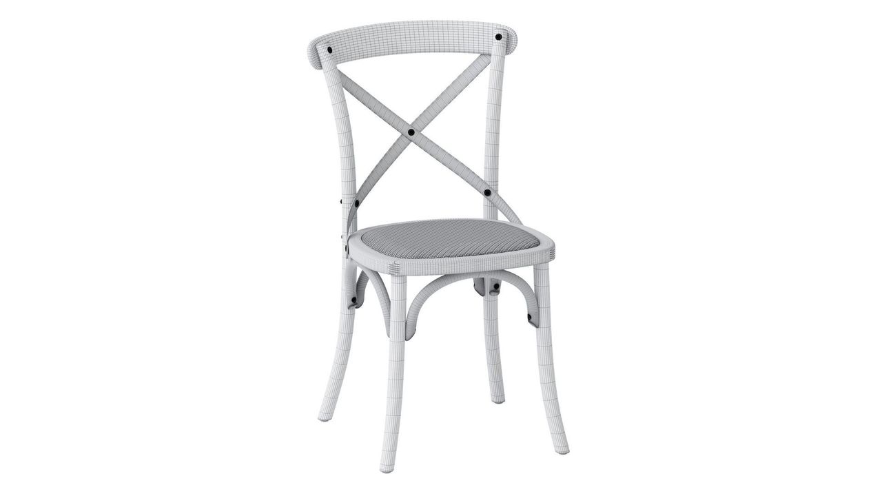 Clay 3D model of a chair on a white background used in the product rendering workflow.