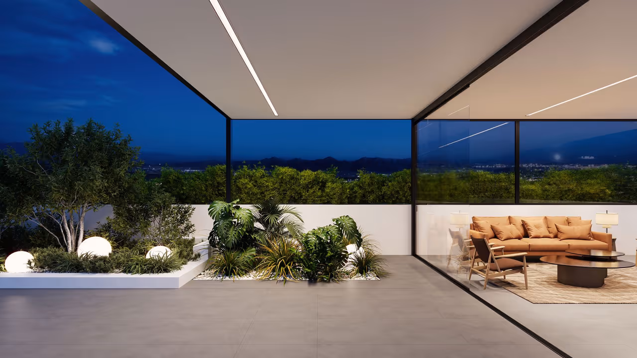 A terrace with a linear ceiling light and glowing garden spheres shown in an architectural lighting render