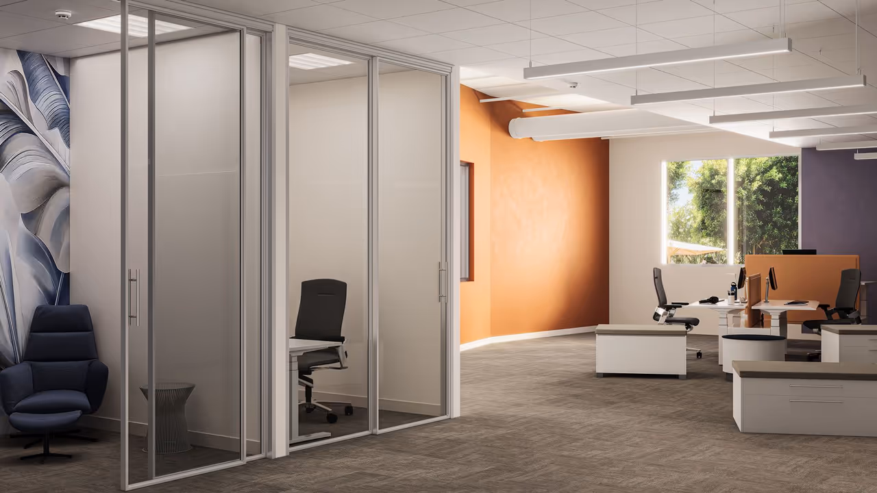 An office with suspended linear fixtures and glass partitions shown in a lifestyle product rendering