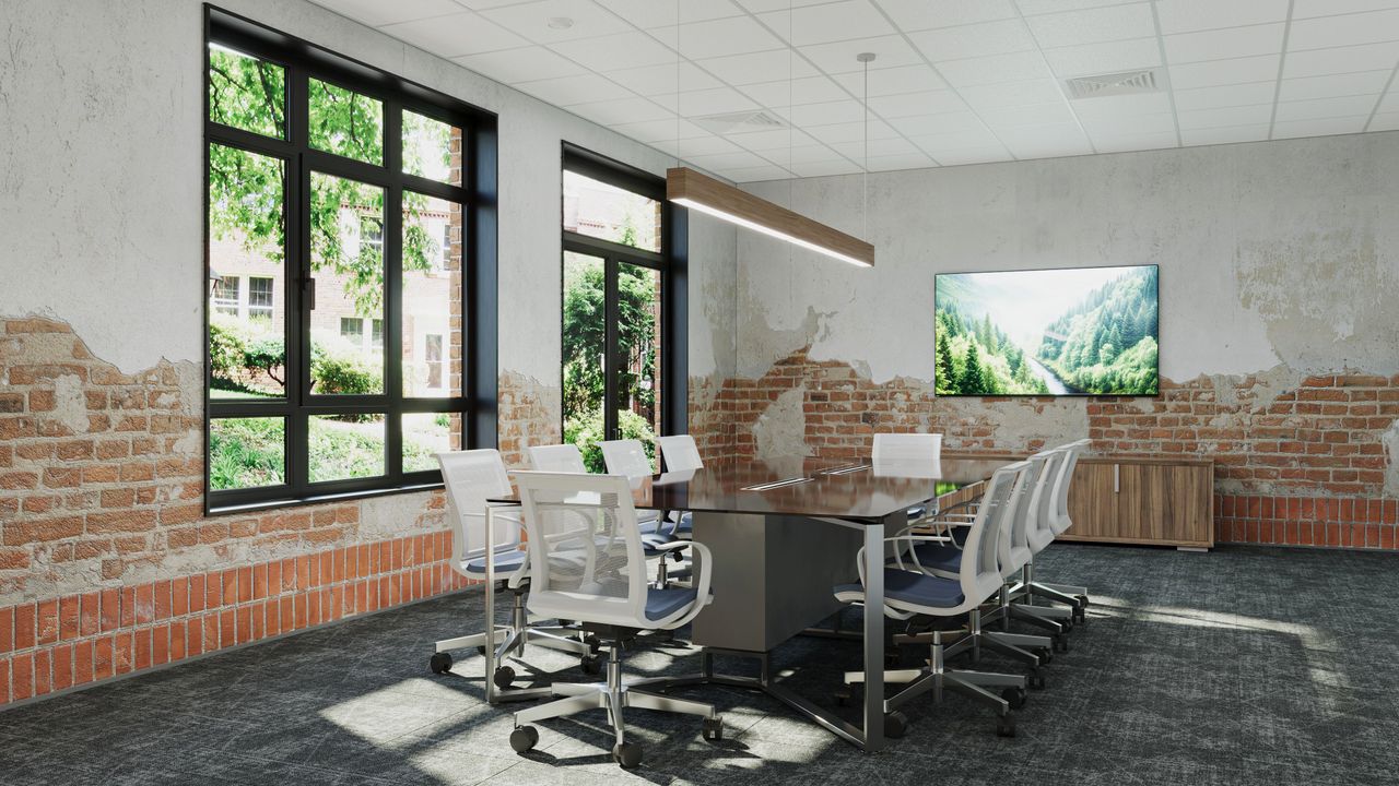 A conference room with a suspended linear bar and brick textures shown in a lifestyle product rendering