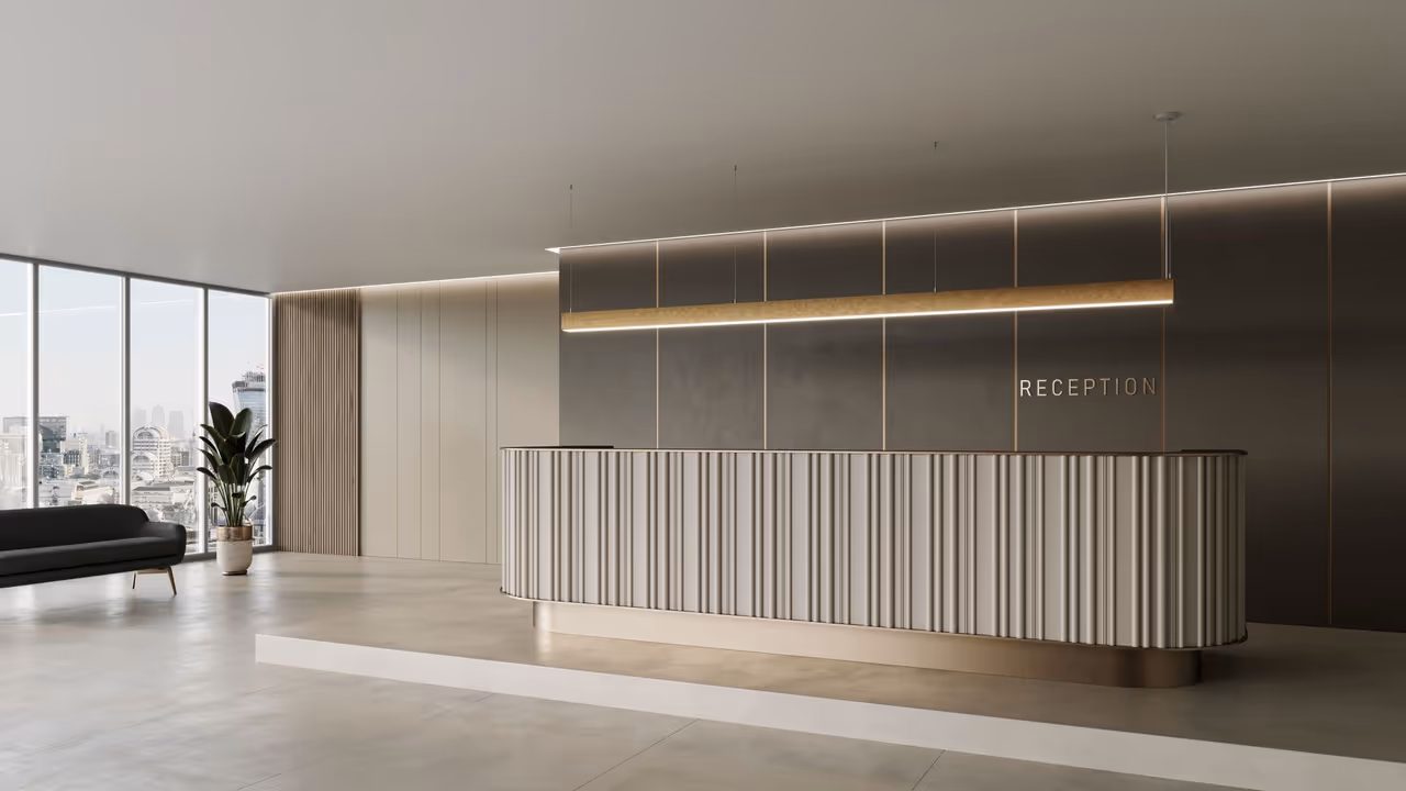 A reception desk with a long suspended fixture shown in a lifestyle product rendering