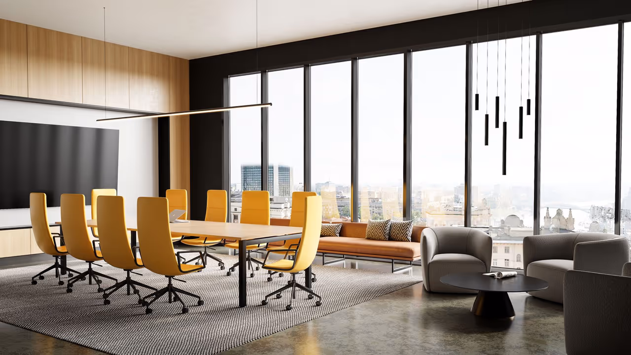 A conference room with a linear pendant and city views shown in an architectural lighting render