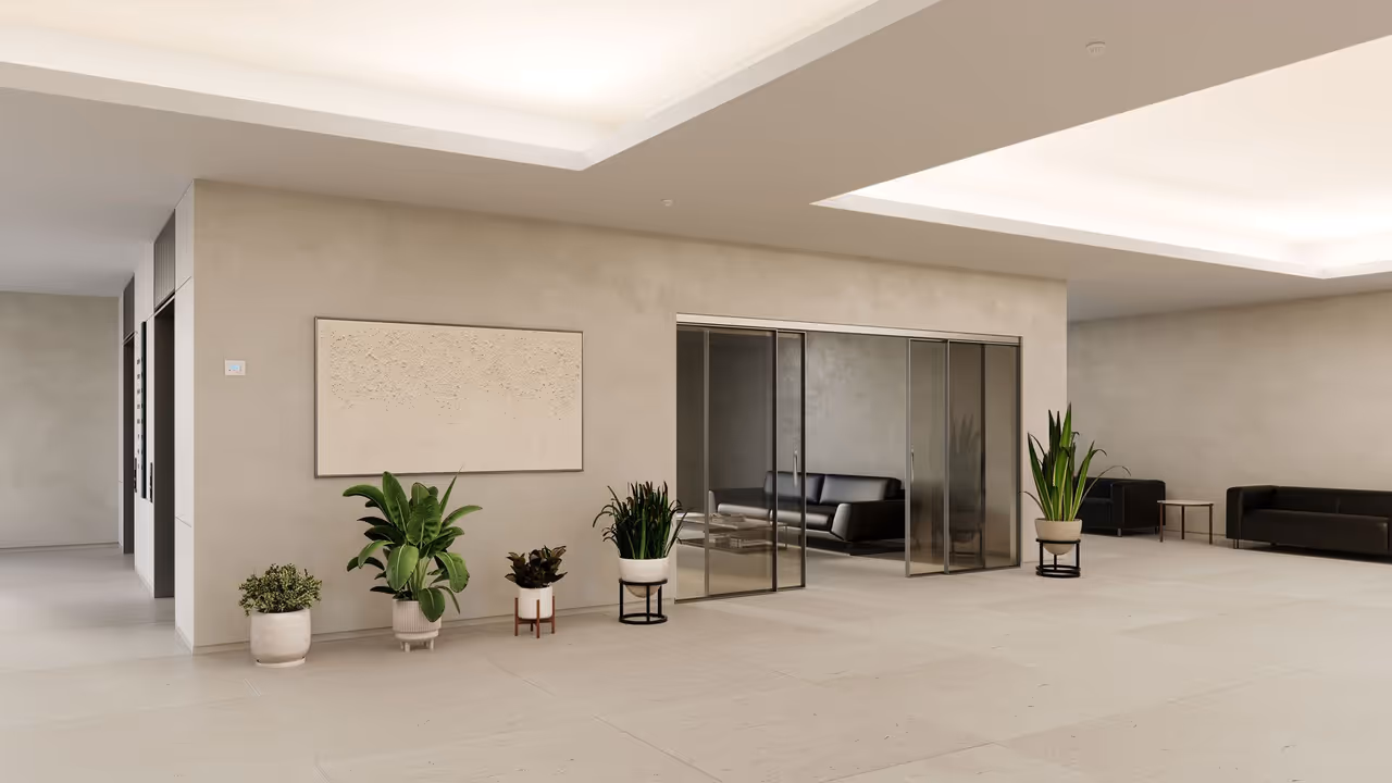 A minimal lobby with recessed ceiling illumination shown in a lifestyle product rendering