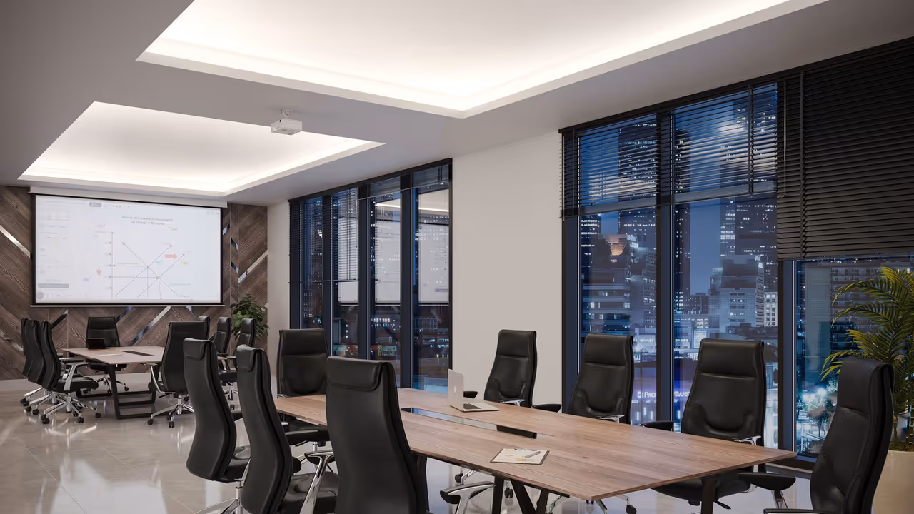 A boardroom with cove illumination and city views shown in a lifestyle product rendering