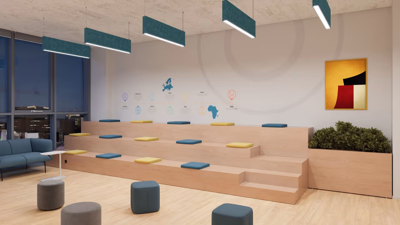 A presentation space with pendant lights shown in an architectural lighting render