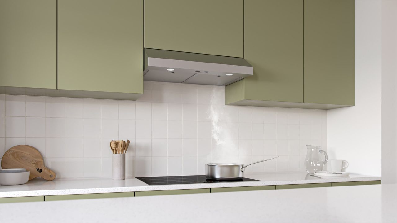 Green Kitchen Lifestyle Rendering for a Range Hood: Close Up