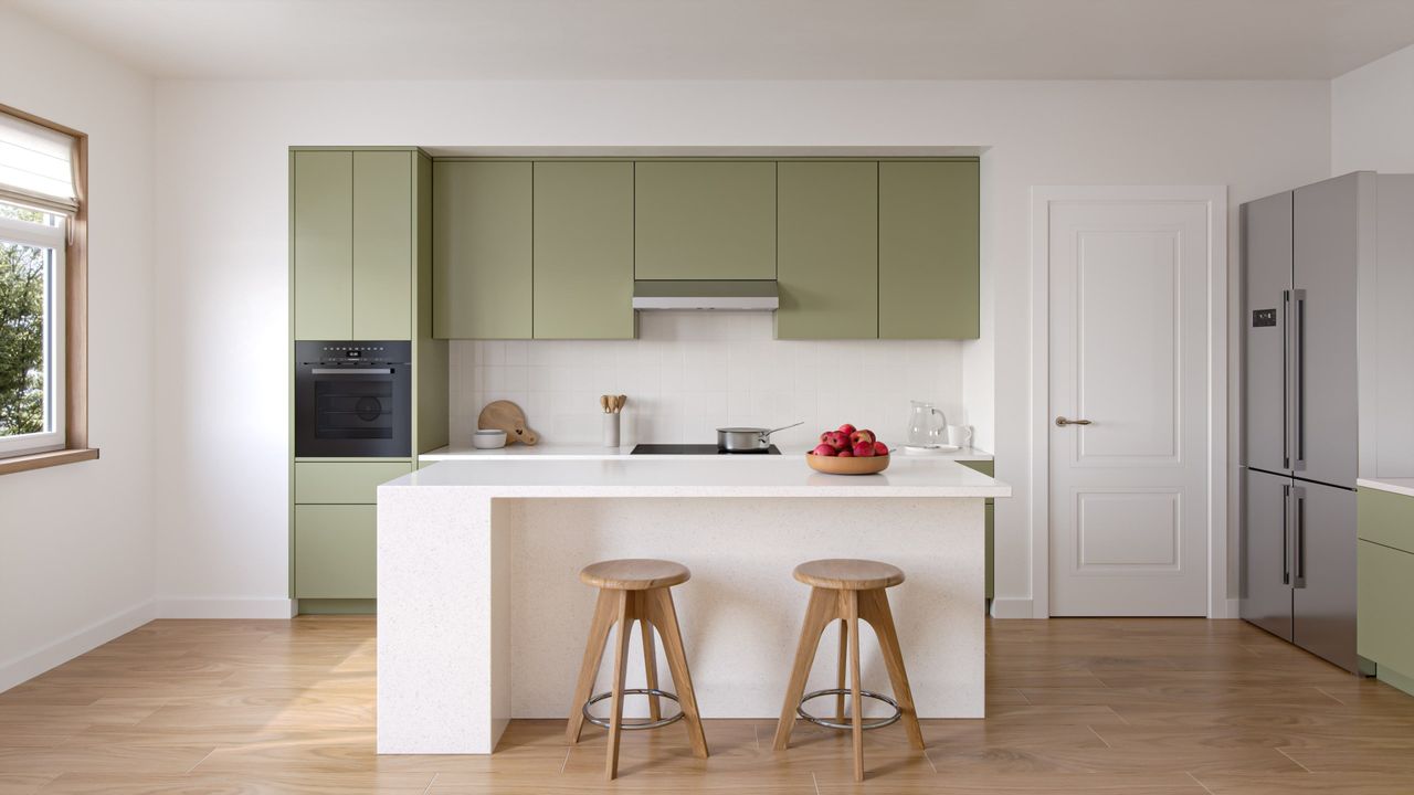 Green Kitchen Lifestyle Rendering for a Range Hood