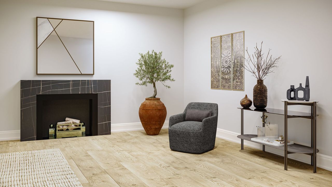 3D interior rendering showcasing a modern living room with realistic furniture visualization, including a chair, fireplace, and decor elements.