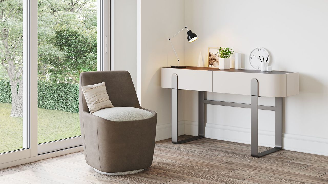 3D furniture modeling and rendering showcasing a modern interior with a chair and desk, highlighting photorealistic visualization and CGI solutions.