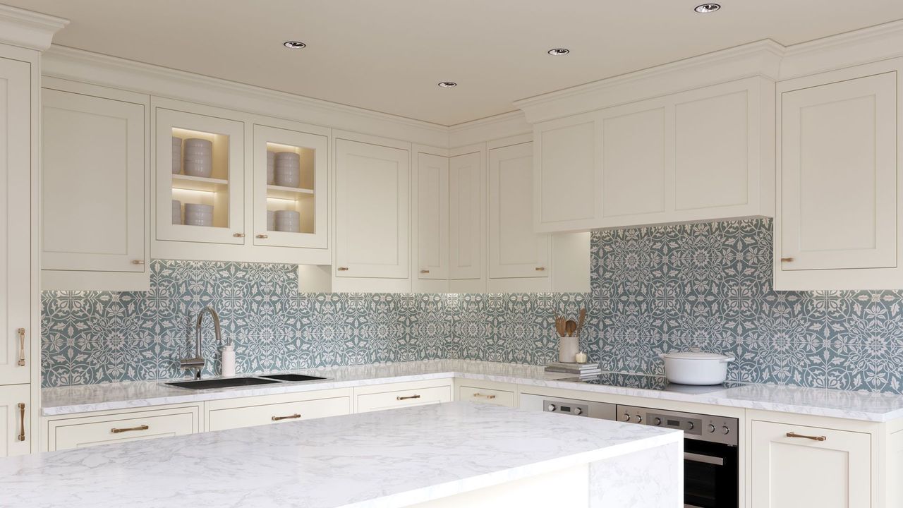 A photorealistic 3D rendering of decorative tile in a classic cream-colored kitchen interior