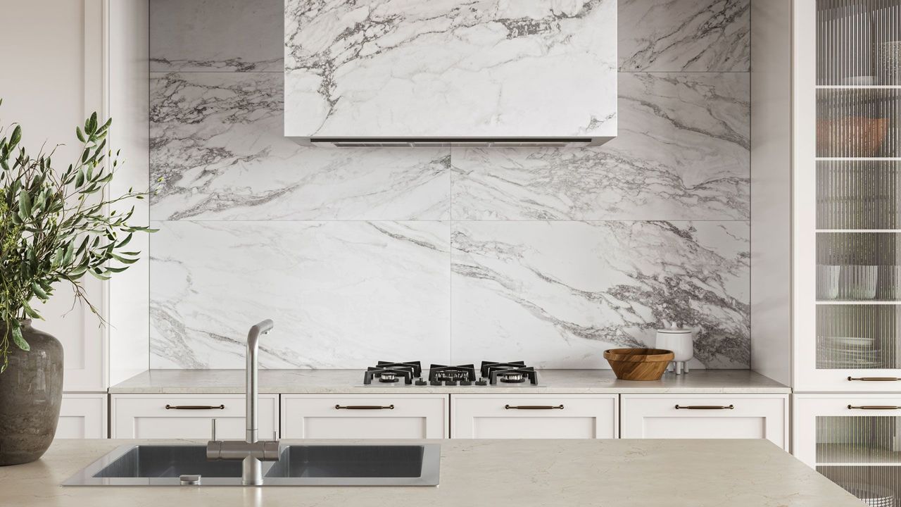 CG rendering of white marble vinyl tile used as for a modern kitchen backsplash