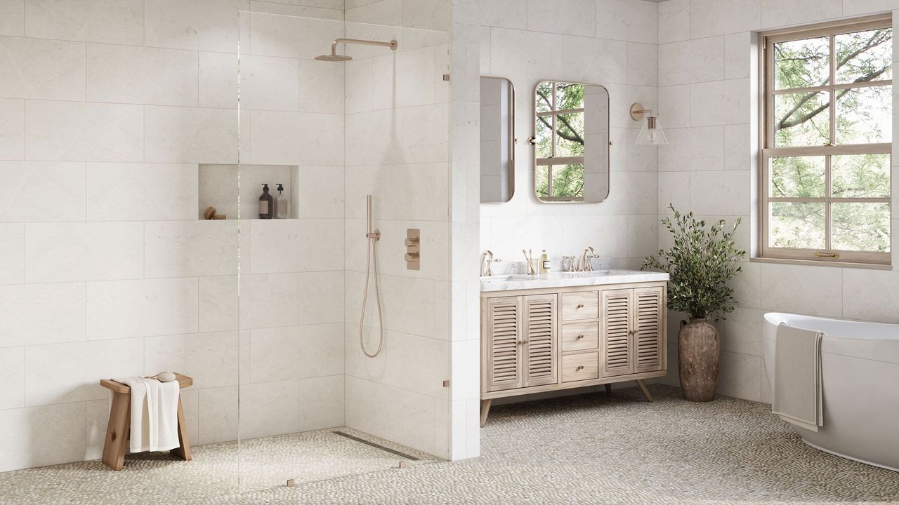 3D Rendering of pebble floor tile in a soft-toned bathroom with a walk-in shower and freestanding tub