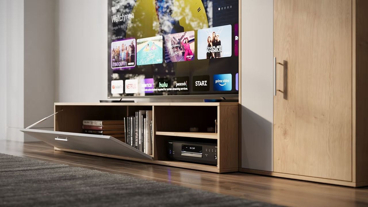 Product rendering showing a TV console with an open front panel to highlight storage layout, hinges, and panel alignment