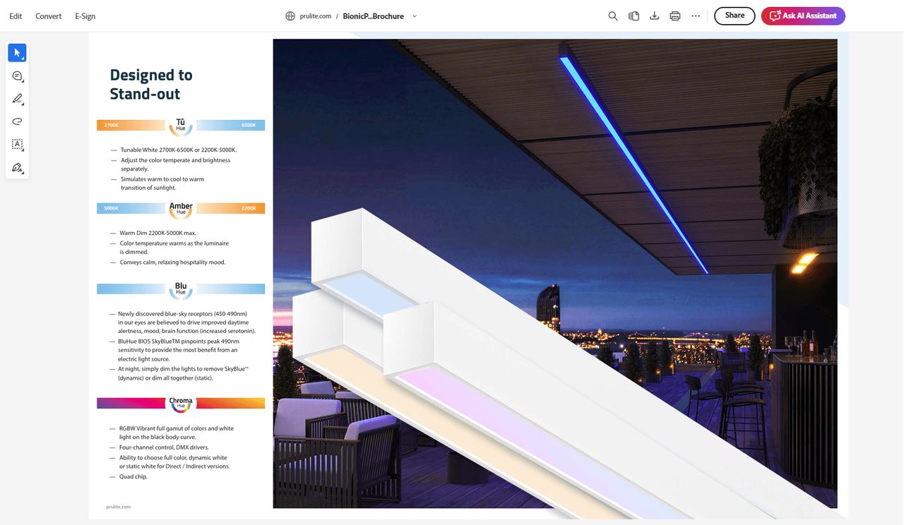Product rendering used in a brochure layout to present a recessed linear light fixture with color settings