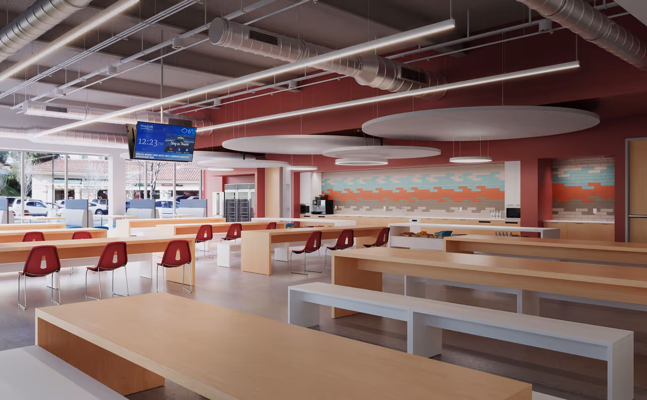 A cafeteria with an overhead array of linear fixtures shown in a lifestyle product rendering