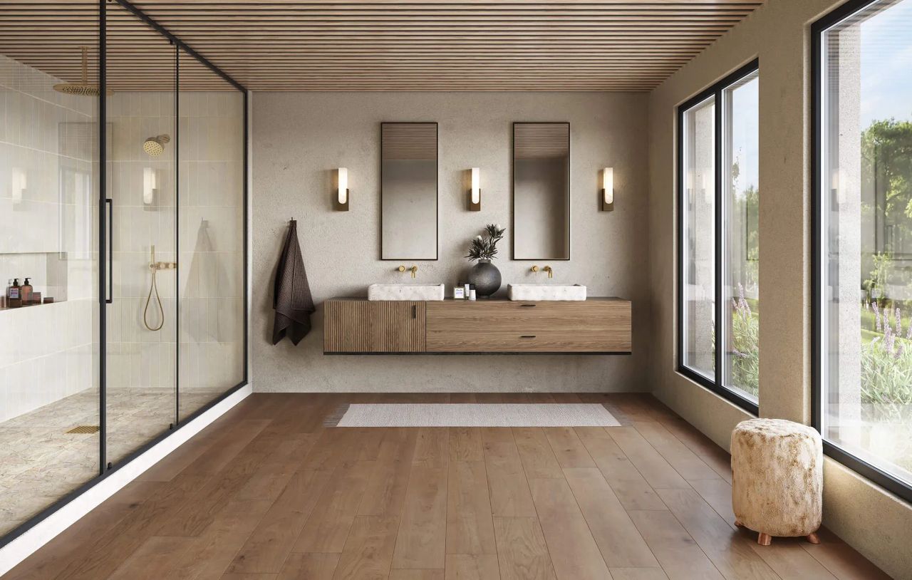 Contemporary bathroom with glass shower and warm wood flooring 3D visualization