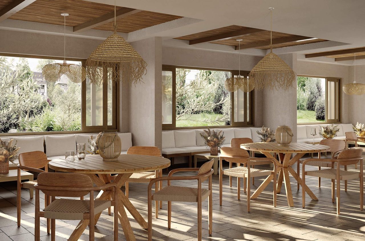 3D rendering of a trendy dining area featuring wooden house fittings, showcasing 3D house fittings modeling and realistic interior visualization.