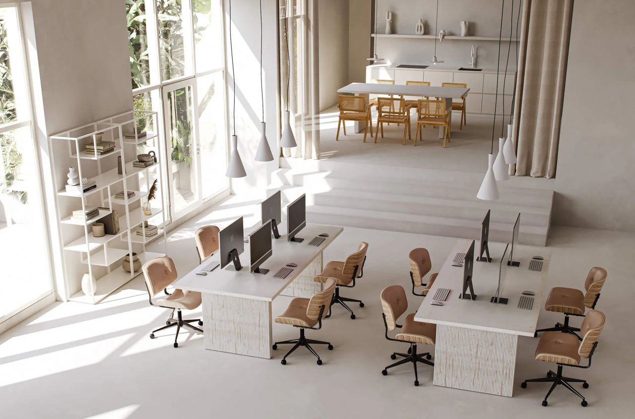 3D visualization of open office with shared desks, swivel chairs, pendant lights, and bookshelves