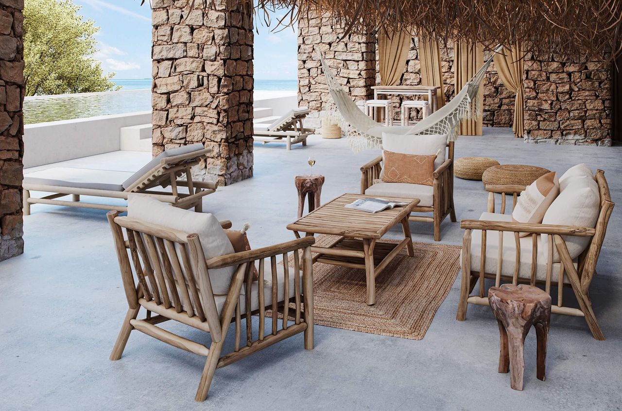 3D visualization of a rustic outdoor lounge with wooden chairs, hammock, stone columns, and sea view
