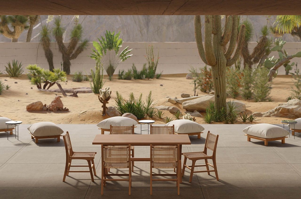 3D visualization of desert-style outdoor patio with wooden dining set, lounge cushions, and cactus plants
