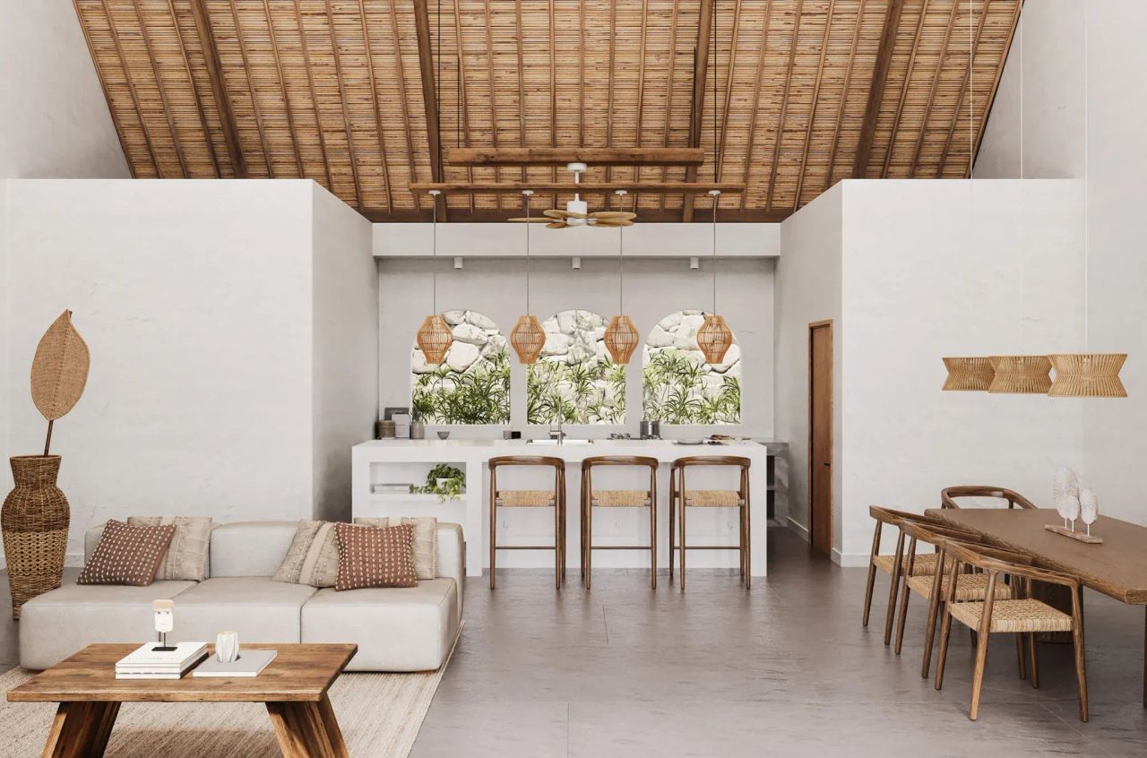 3D visualization of tropical interior with sofa, wooden coffee table, kitchen bar, and dining table