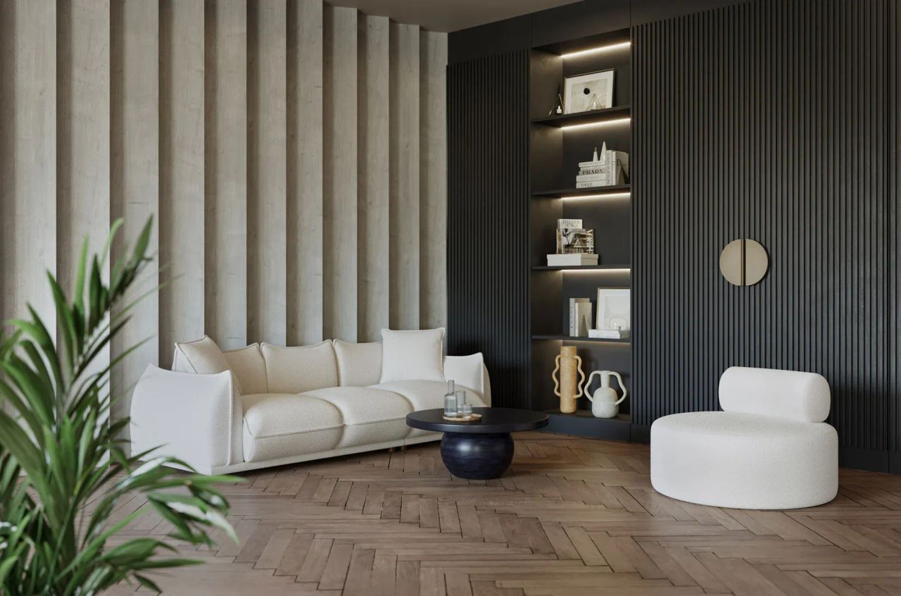 3D Lifestyle rendering for catalogs showing a modern living room with white sofa, round chair, built-in shelves and wood herringbone floor