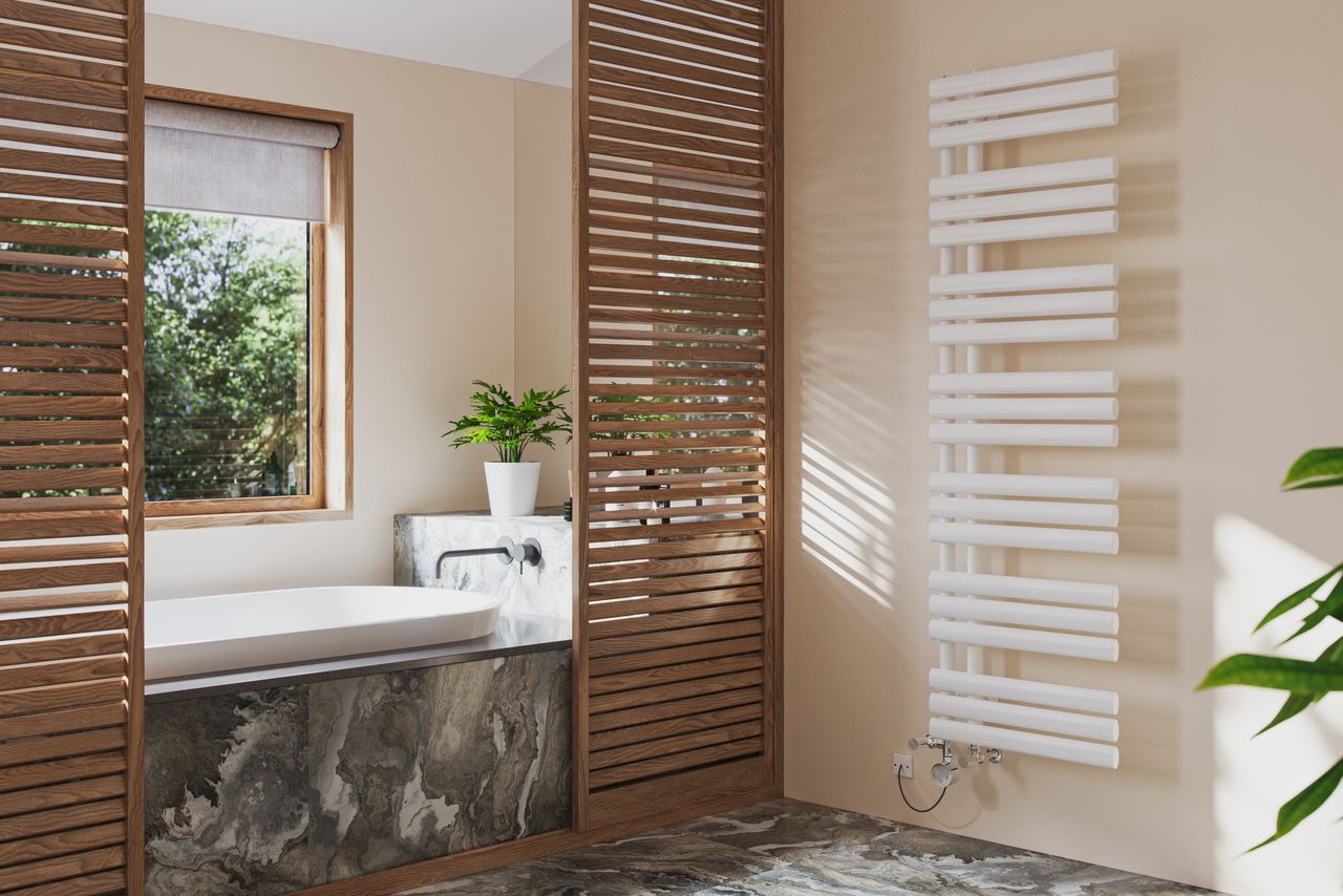 Ladder Rail Radiator in a Bathroom Visualization