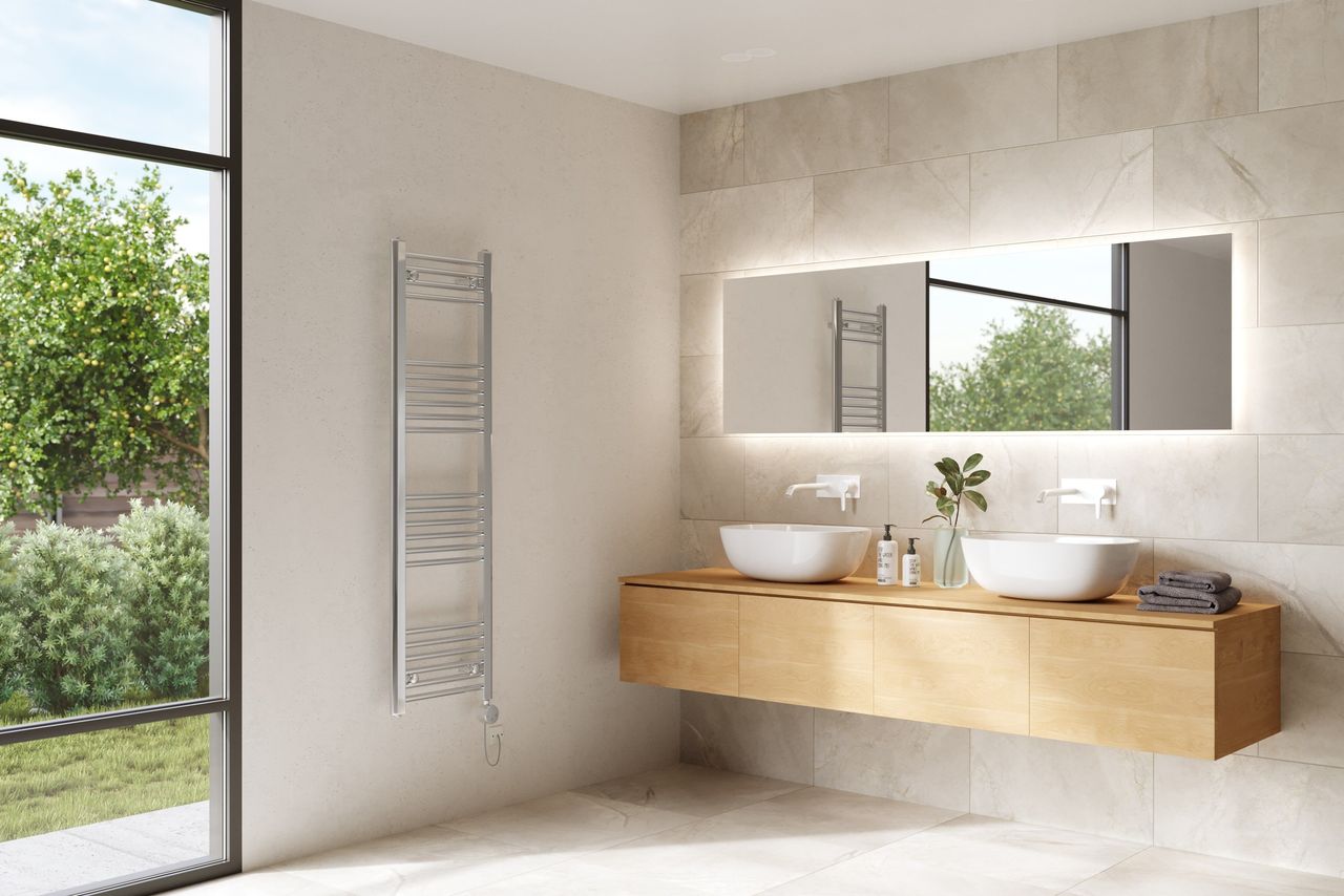 Towel Radiator in a Beige Bathroom Visualization