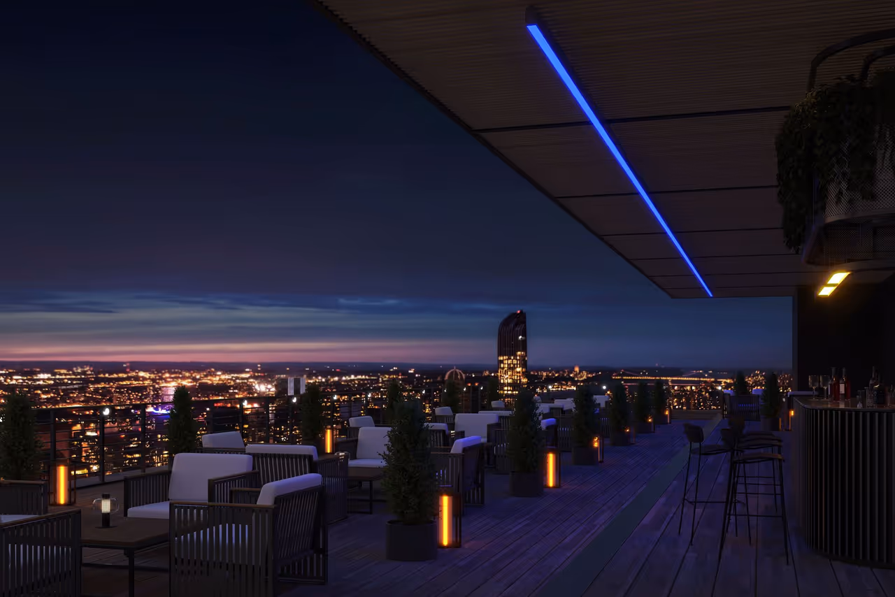 A rooftop bar with a blue linear accent along the ceiling shown in an architectural lighting render