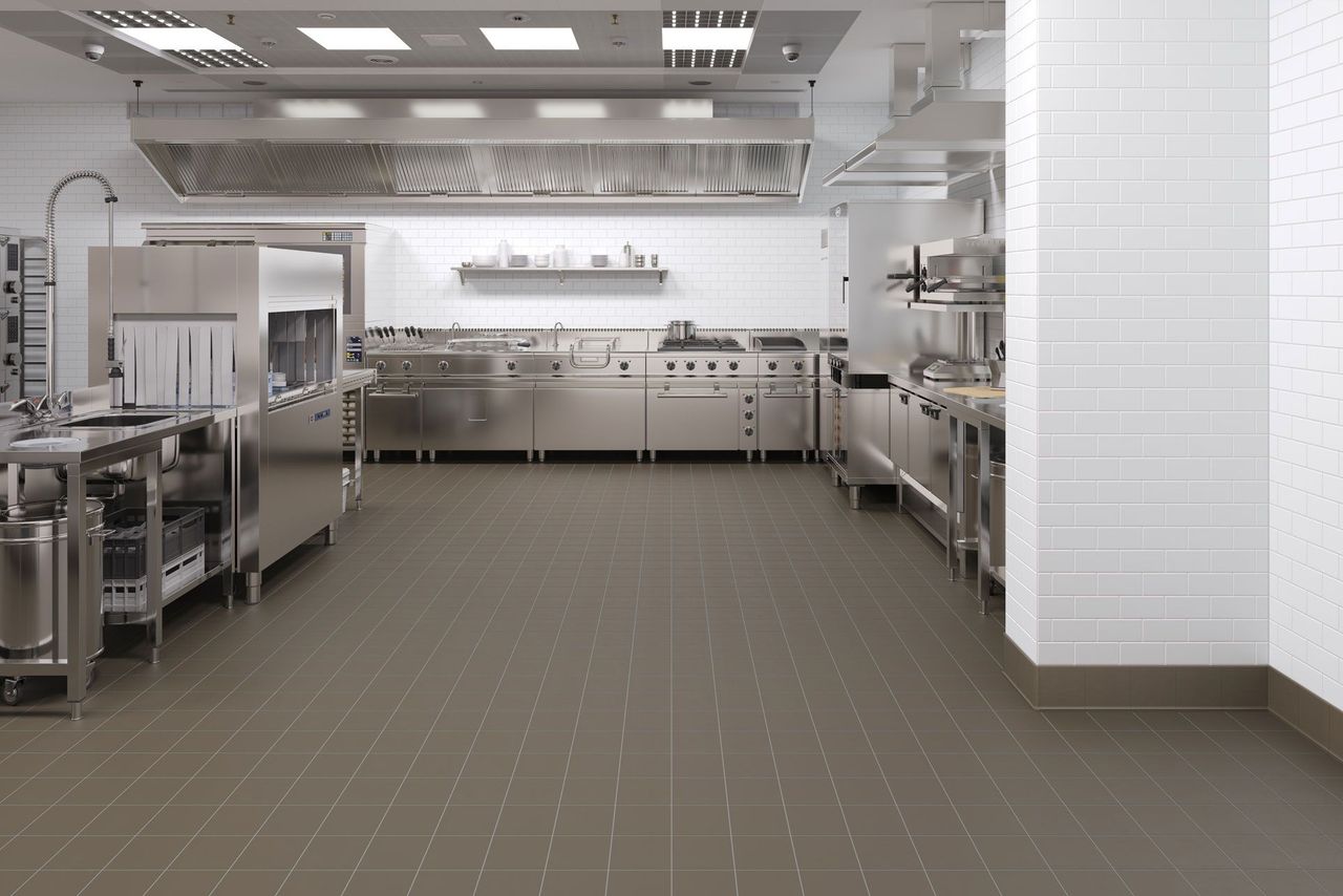 Photorealistic 3D visualization of white tile in a large commercial kitchen with stainless steel equipment