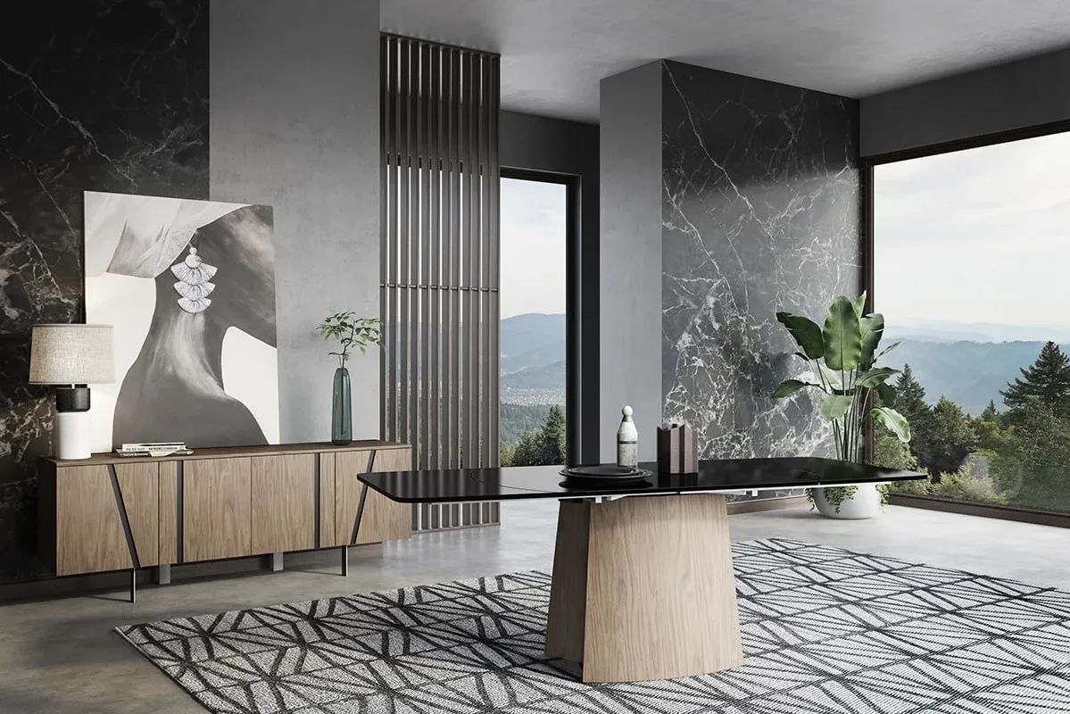 3D rendering of a dining room with a black glass dining table, a wooden sideboard, and abstract art