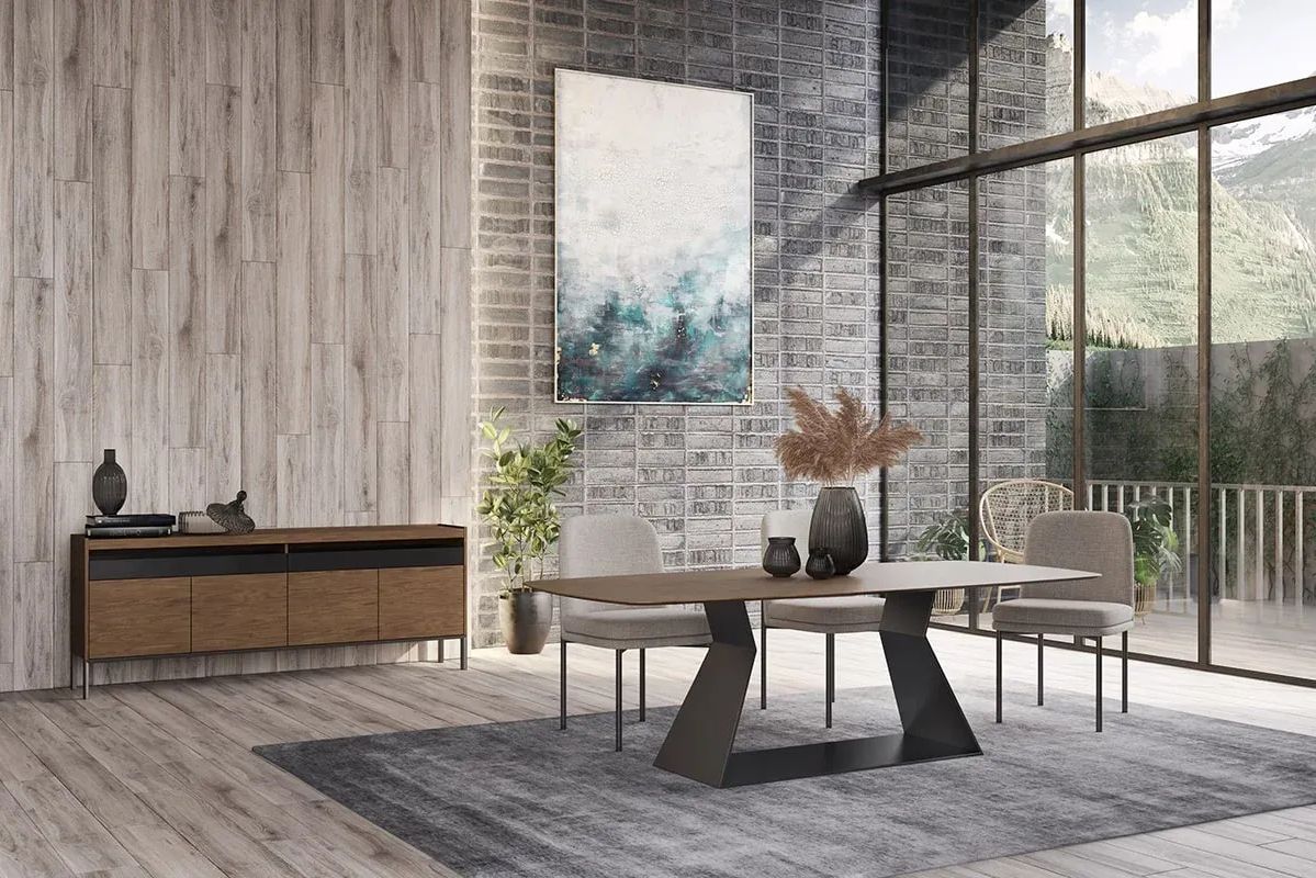 Lifestyle render for a dining space with rectangular wooden dining table, cushioned chairs, and sideboard