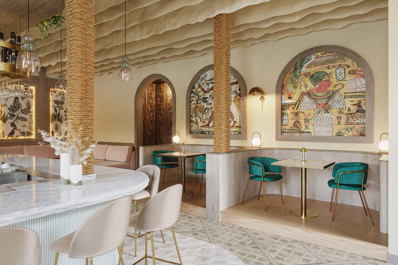 3D visualization of restaurant interior with marble bar, booths, green chairs, wall art, and pendant lights