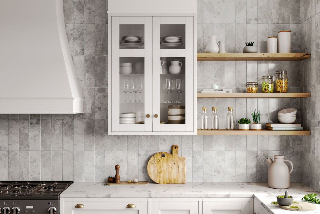 3D Rendering of a white kitchen backsplash with glossy cool grey vertical tiles and brass fixtures