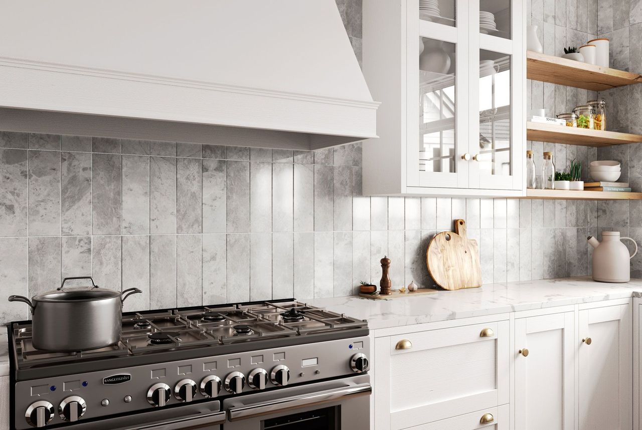 Product rendering showing close-up detail of glossy light tiles in a vertical layout