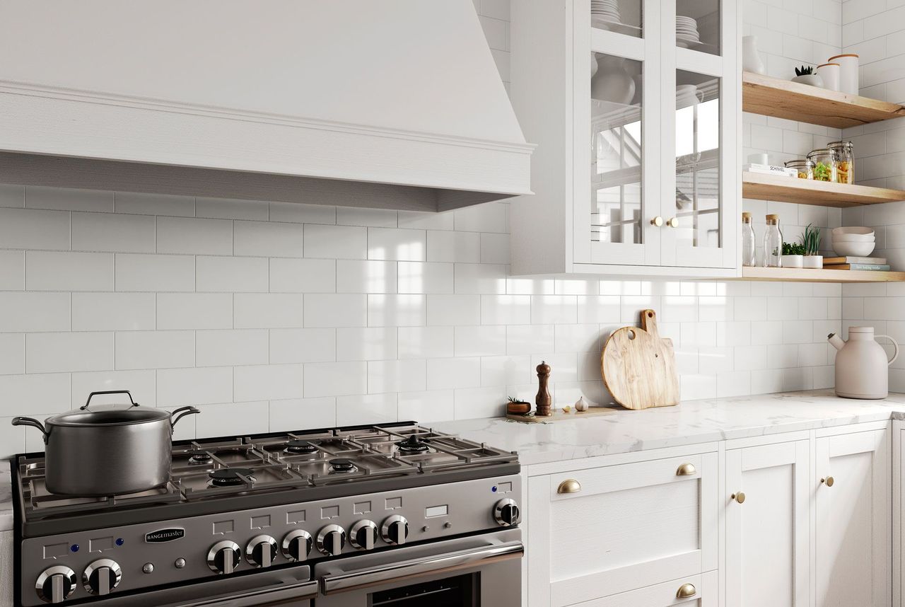 3D visualization for tiles showing a kitchen with white vertical tiles
