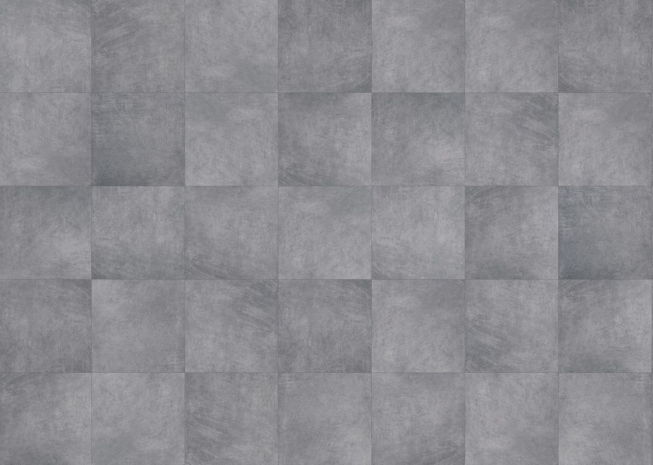 3D visualization of grey ceramic tile flooring with subtle textured surface in square layout