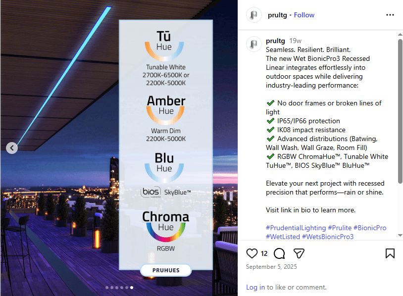 Product rendering shown on a website page featuring outdoor architectural lighting with multiple color modes