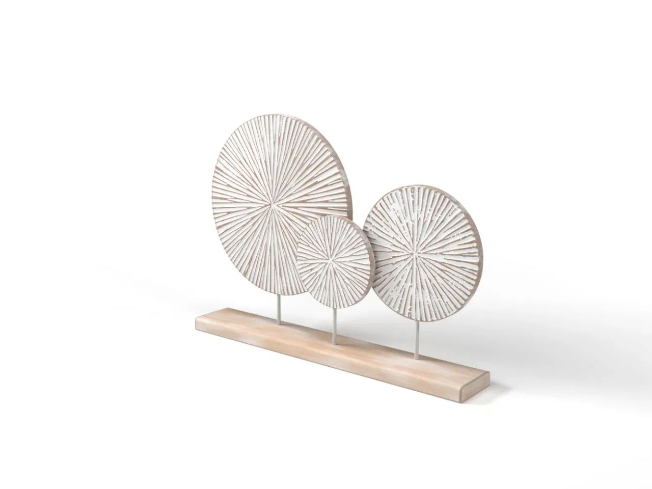 Product rendering for catalogs showing two white round decorative sculptures on a wooden base