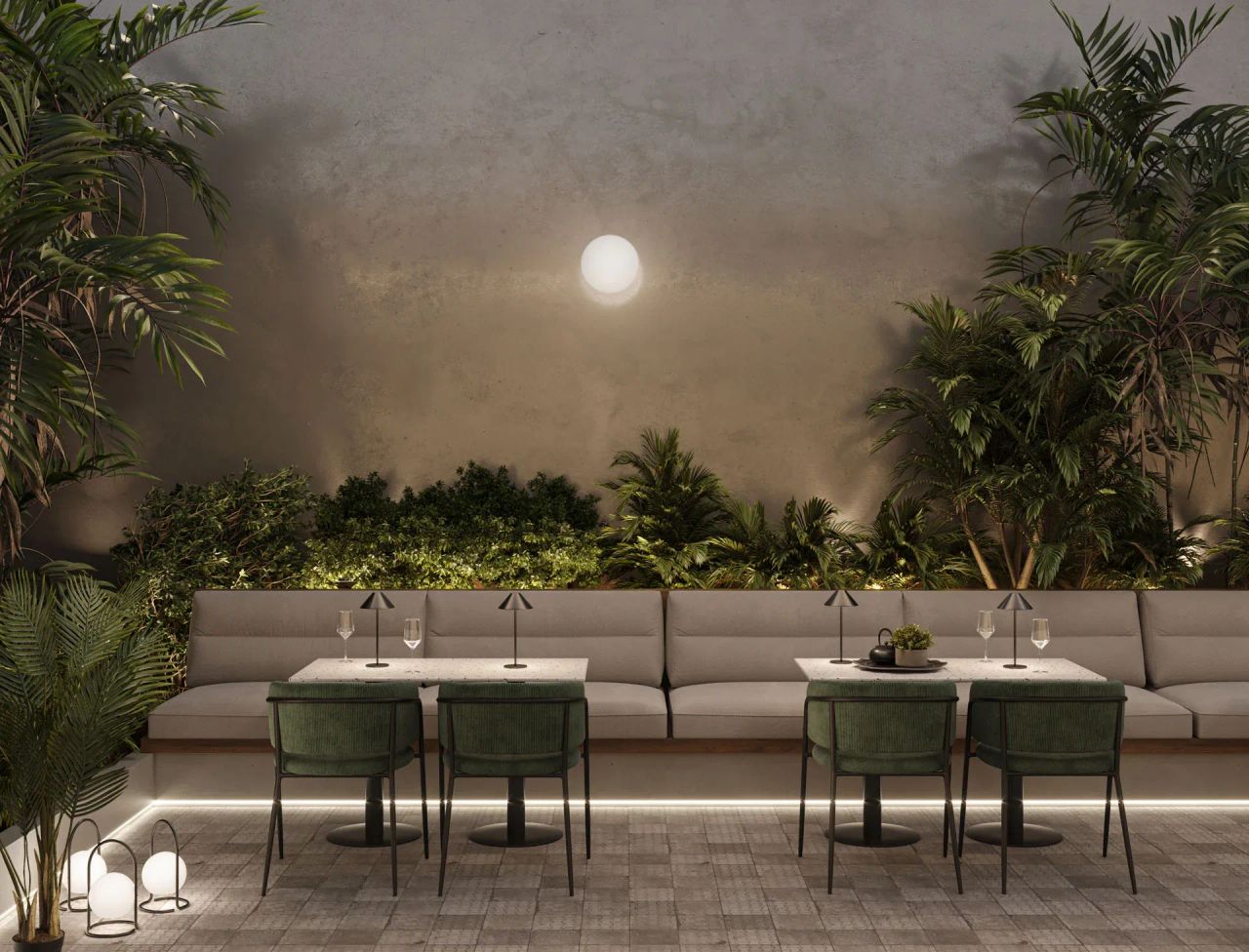 Product render for catalogs showing an outdoor dining setup with green chairs, white tables, cushioned bench seating