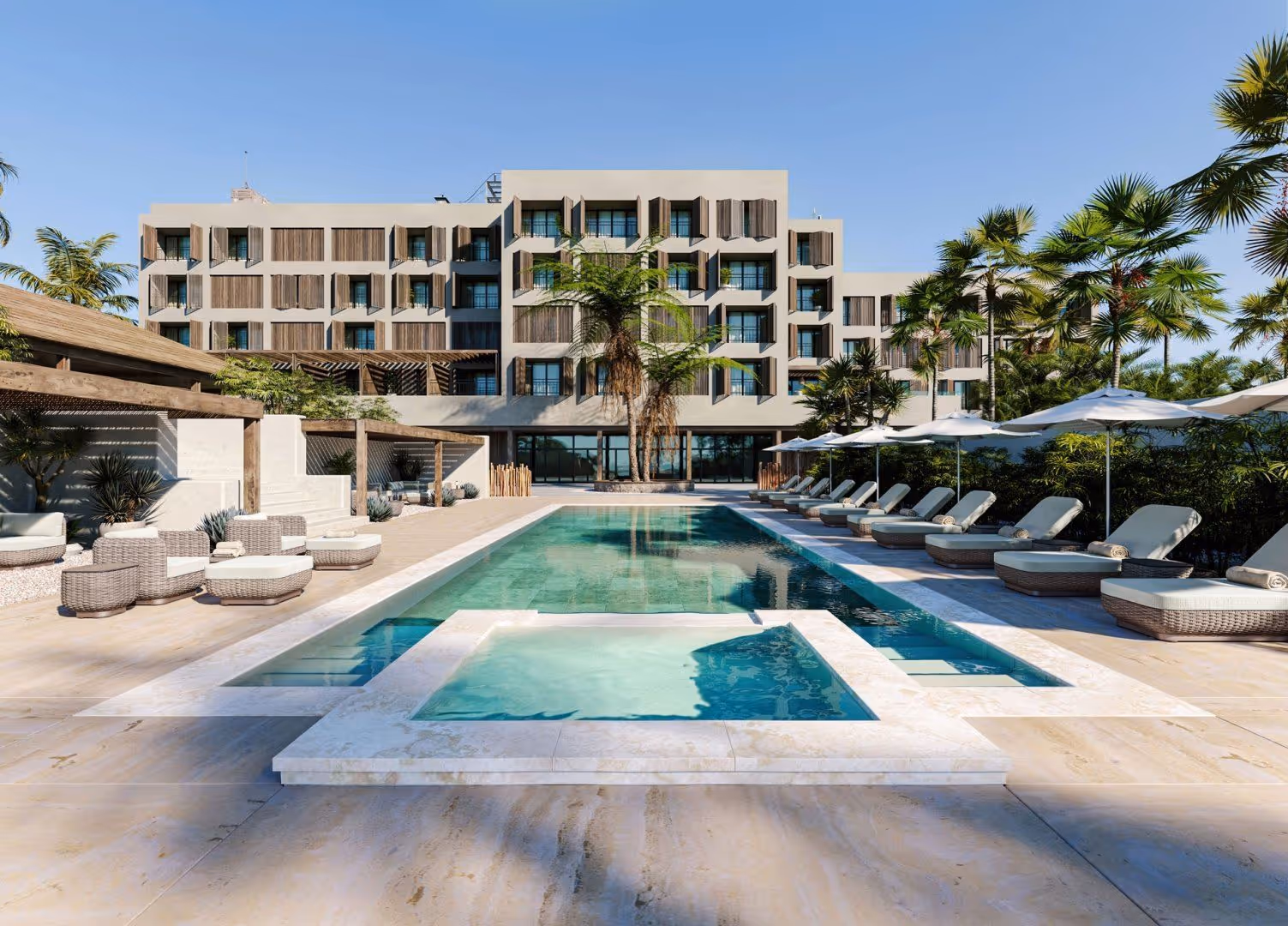 First-class 3D visualization of a luxury hotel pool area with realistic product rendering and photorealistic CGI.