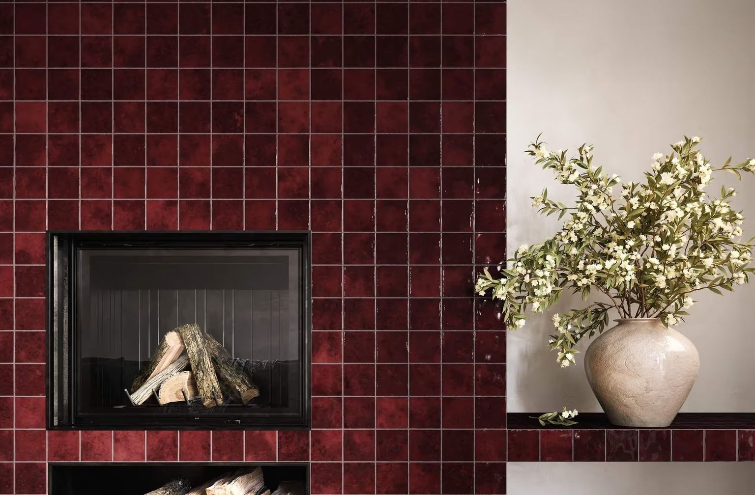 Product rendering showing glossy wall tiles to demonstrate surface reflection and light response in an interior setting