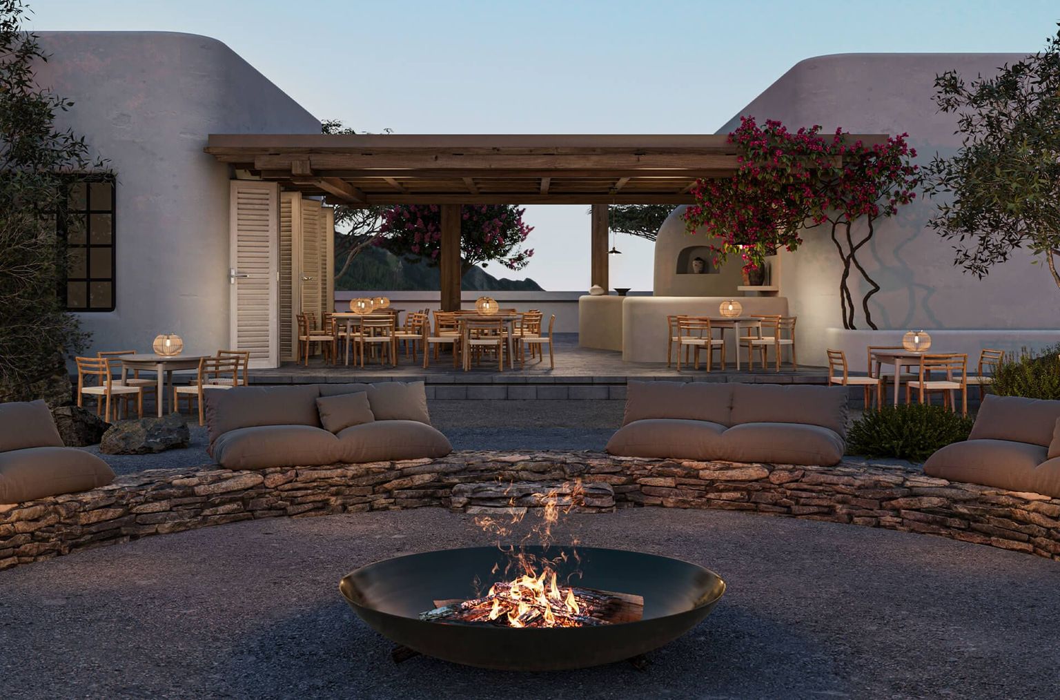 3D visualization of cozy outdoor lounge and dining area with fire pit, wooden pergola, and ambient lighting