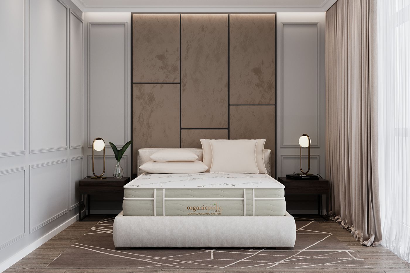 3D visualization showcasing a mattress in a contemporary bedroom with neutral decor